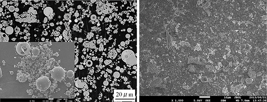 Left: cross-sectional image [top and right] and surface image [bottom left] of coal ash; Right: surface image of combustible waste incineration ash