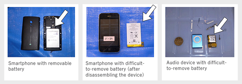 Fig.2 Examples of EOL small home appliances and lithium-ion batteries (White arrows indicate lithium-ion batteries)