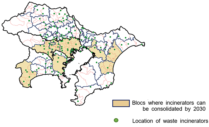 Fig.2 Large-scale blocs where incinerators can be consolidated by 2030 in the southern part of the Kanto region, Japan