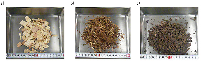 図１　木質バイオマス発電施設の原料（a：木質チップ、b：バーク（樹皮）、c：パーム椰子殻）
