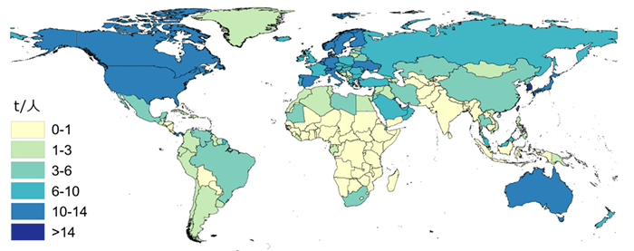 図2　主要金属の一人当たり社会蓄積量の世界的な分布（文献2より筆者作成）