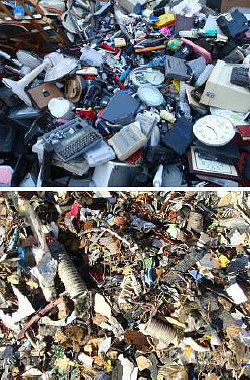 写真1　ごみ処理施設に持ち込まれた家電製品（上）とこれを破砕・選別した後の可燃残さ（下）