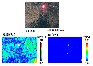 図1　テレビの内部ダストの写真画像（上）と対応する試料中の臭素と鉛の分布を微小部蛍光X線分析によって調べたデータ画像（下）