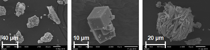 左：飛灰の粒子、中央と右：立方状や針状の結晶