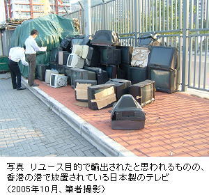 写真　リユース目的で輸出されたと思われるものの、香港の港で放置されている日本製のテレビ（2005年10月、筆者撮影）